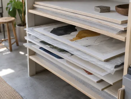Several unframed abstract original paper prints stored flat between clean archival-style boards on a dry shelf, no rolled tubes.