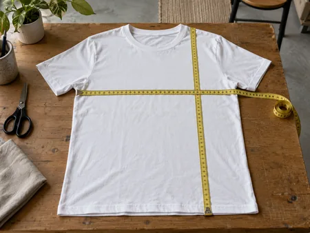 A plain T-shirt laid flat on a cutting table with cloth measuring tapes across chest and vertically along body, no written chart.