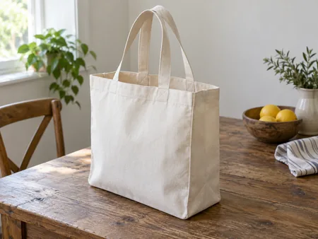 A plain canvas tote standing open in three-quarter side view, box-shaped side gusset and depth at the bottom clearly visible.