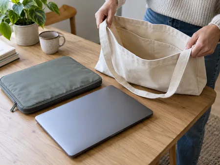 A plain canvas tote held open beside a laptop in a padded sleeve, showing the separate protective sleeve before packing.