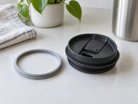 A plain travel cup lid disassembled on a clean table with its removable silicone gasket next to the lid groove.