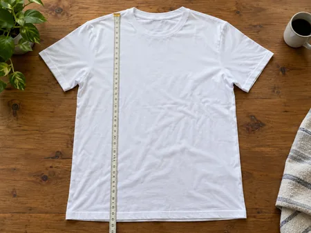 A plain T-shirt laid flat with a cloth measuring tape running vertically from high shoulder to bottom hem.