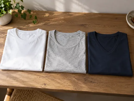 Three plain cotton T-shirts folded side by side with a crew neck, a wide round neck and a V-neck clearly visible.