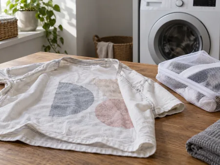 A cotton T-shirt with original abstract geometric print turned inside out beside a mesh laundry bag and closed washing machine, no brand.