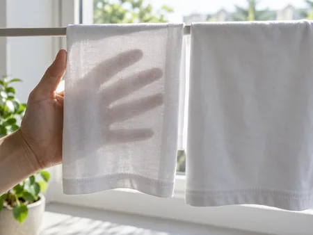 A hand held behind two white T-shirt fabric swatches at a bright window, one more translucent than the other, illustrating opacity without naked skin.